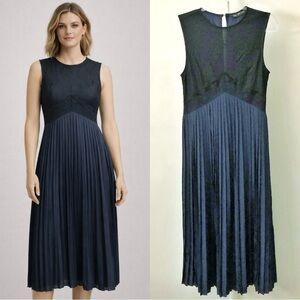 ZARA Pleated & Lace Romantic Elegant Navy Sleeveless Midi Dress. XS